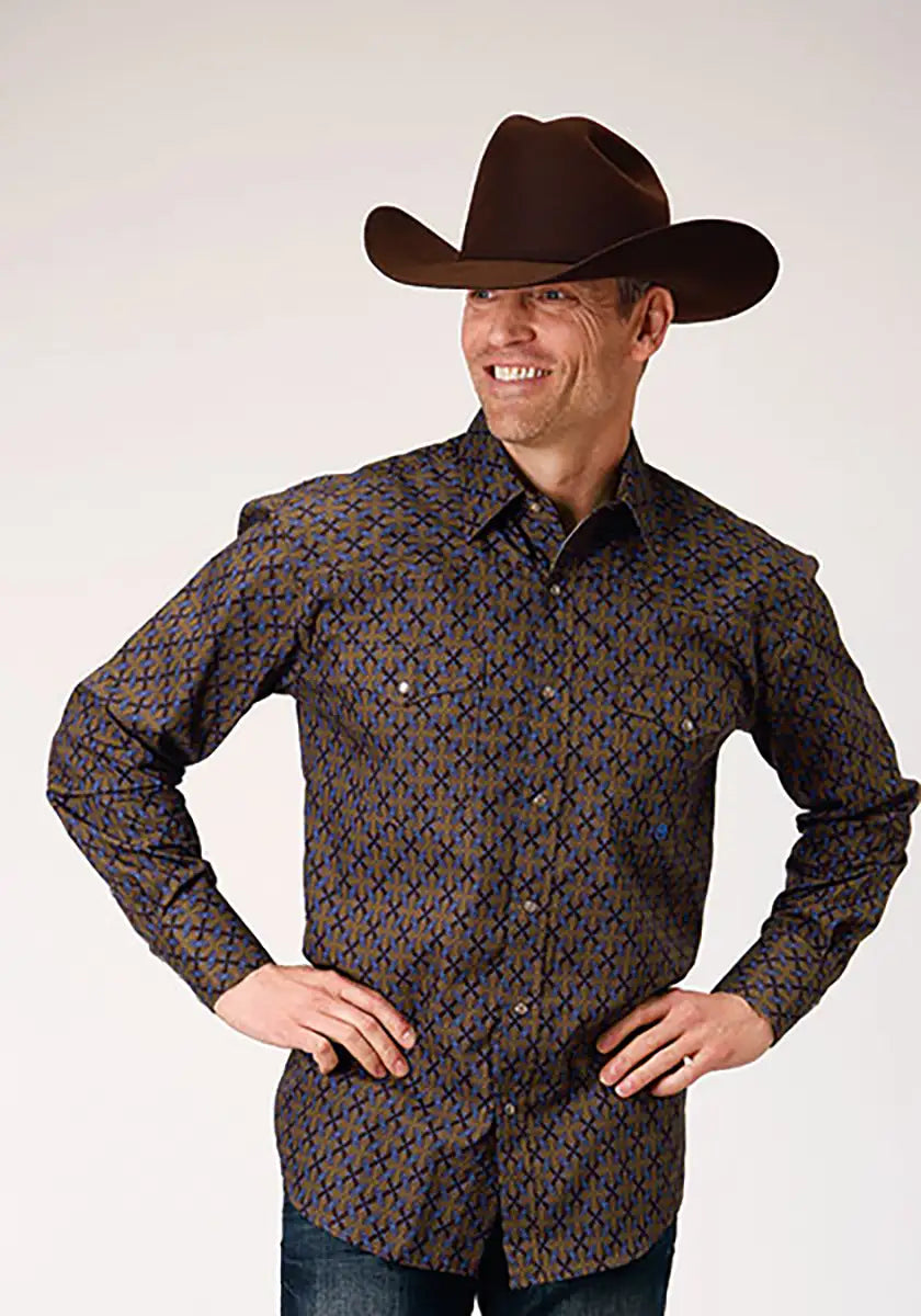 Roper Denim Blue Diamond Medallion (Brown) - Men's Western Shirt