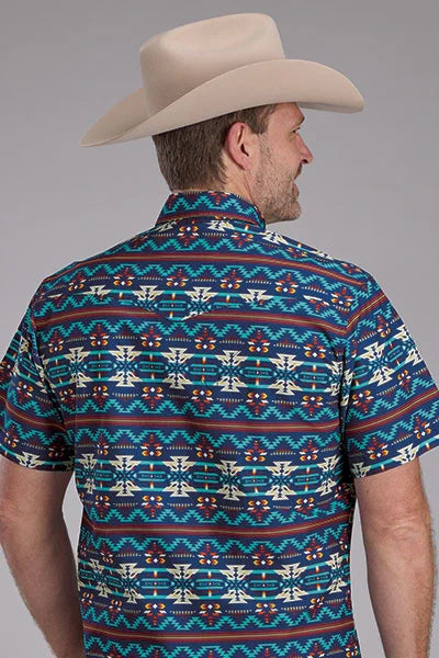 Roper 2352 Navajo Print (Blue) - Men's Short Sleeve Shirt