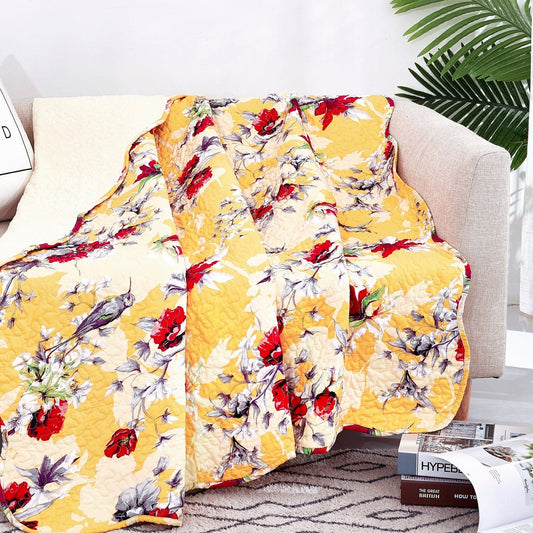 Yellow Floral Quilted Throw Blanket - Hummingbirds Farmhouse Red Flowers for Couch, Sofa or Bed- Scalloped Edges