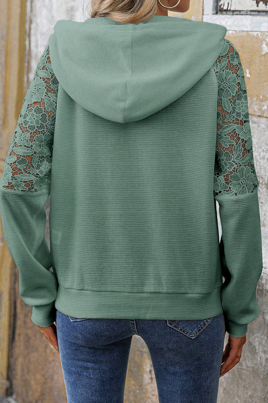 Green Lace Patchwork Raglan Sleeve Waffle Hoodie