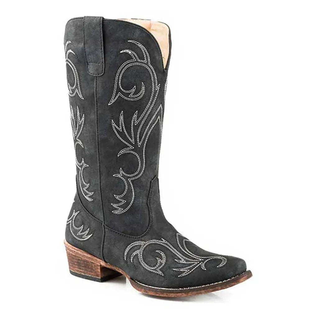 Black cowboy boot with white embroidery on a white background