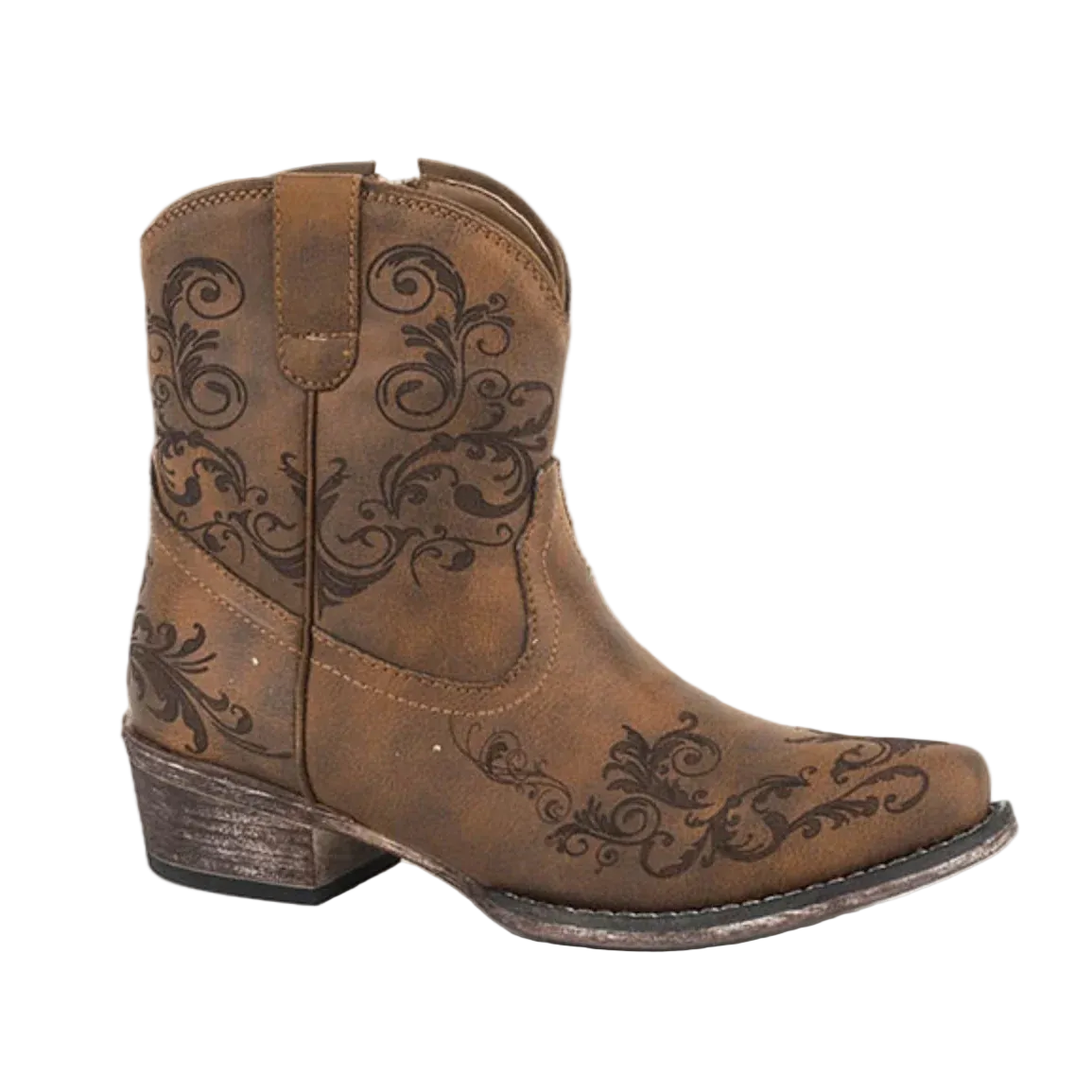 Brown cowboy boot with intricate black embossing on a white background