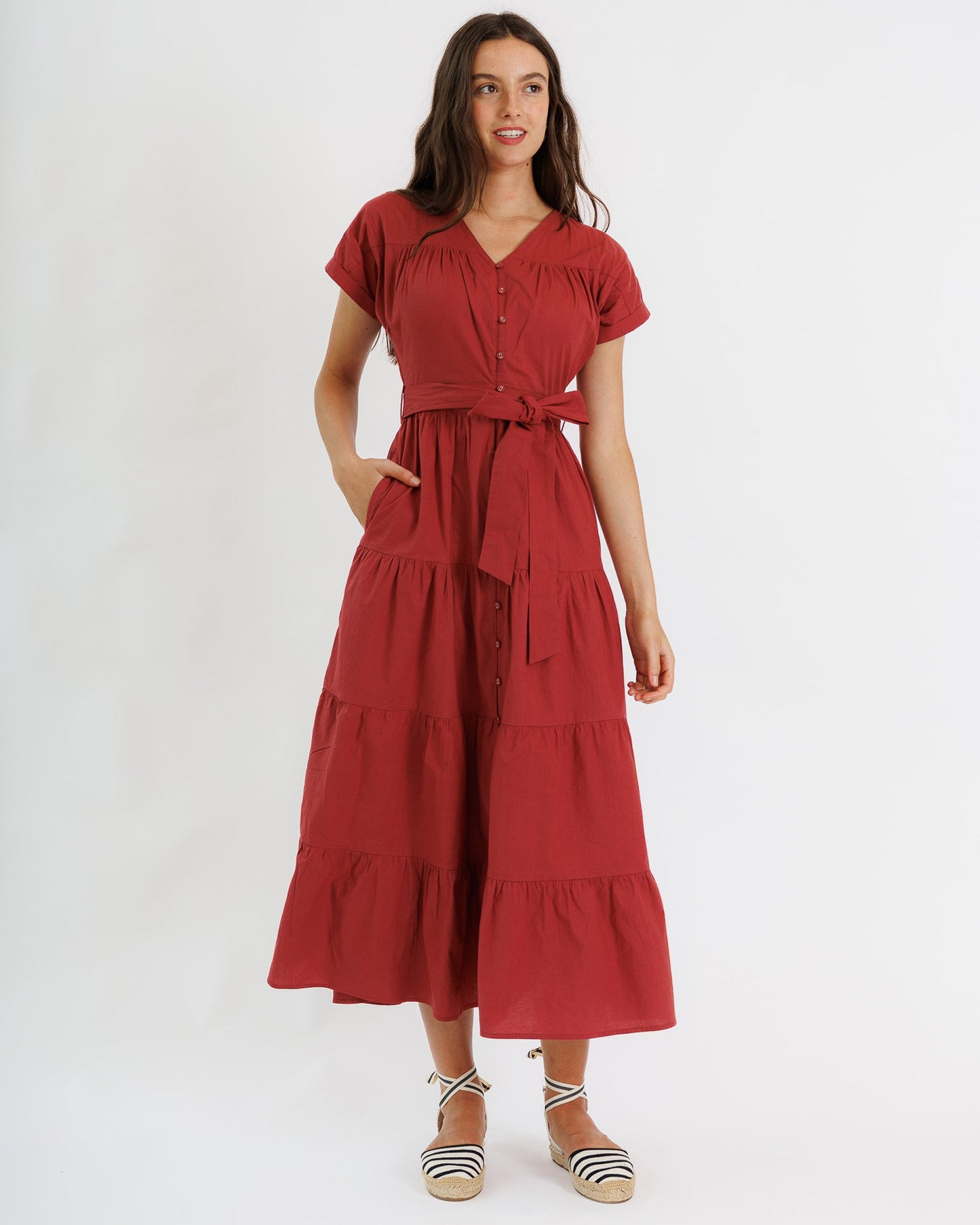 Downeast Dina Dress Maxi V-Neck A-Line Sash at Waist Button Down