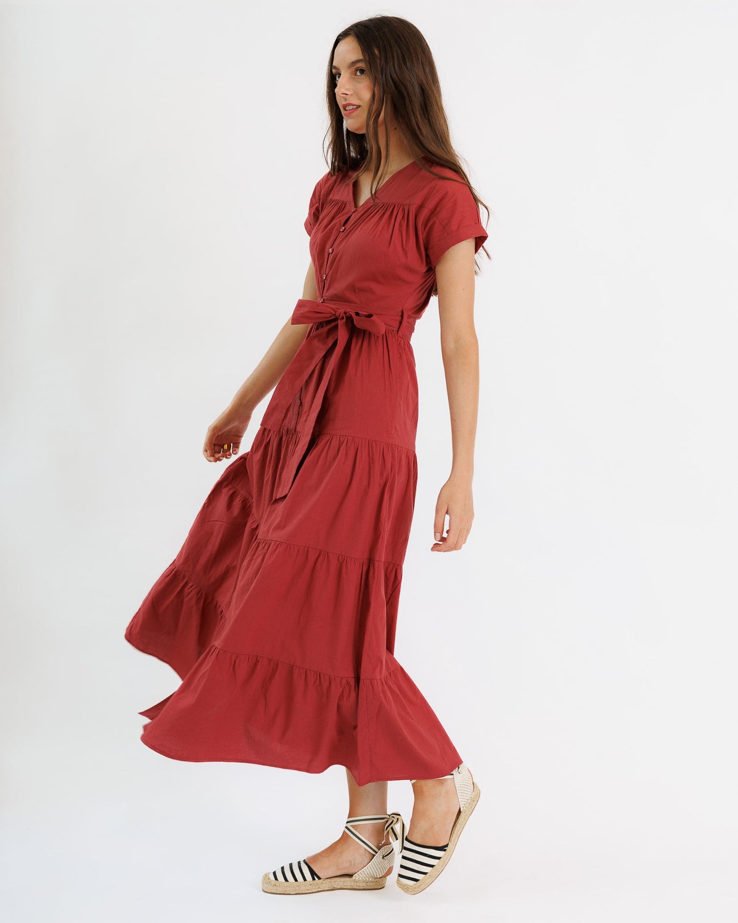 Downeast Dina Dress Maxi V-Neck A-Line Sash at Waist Button Down