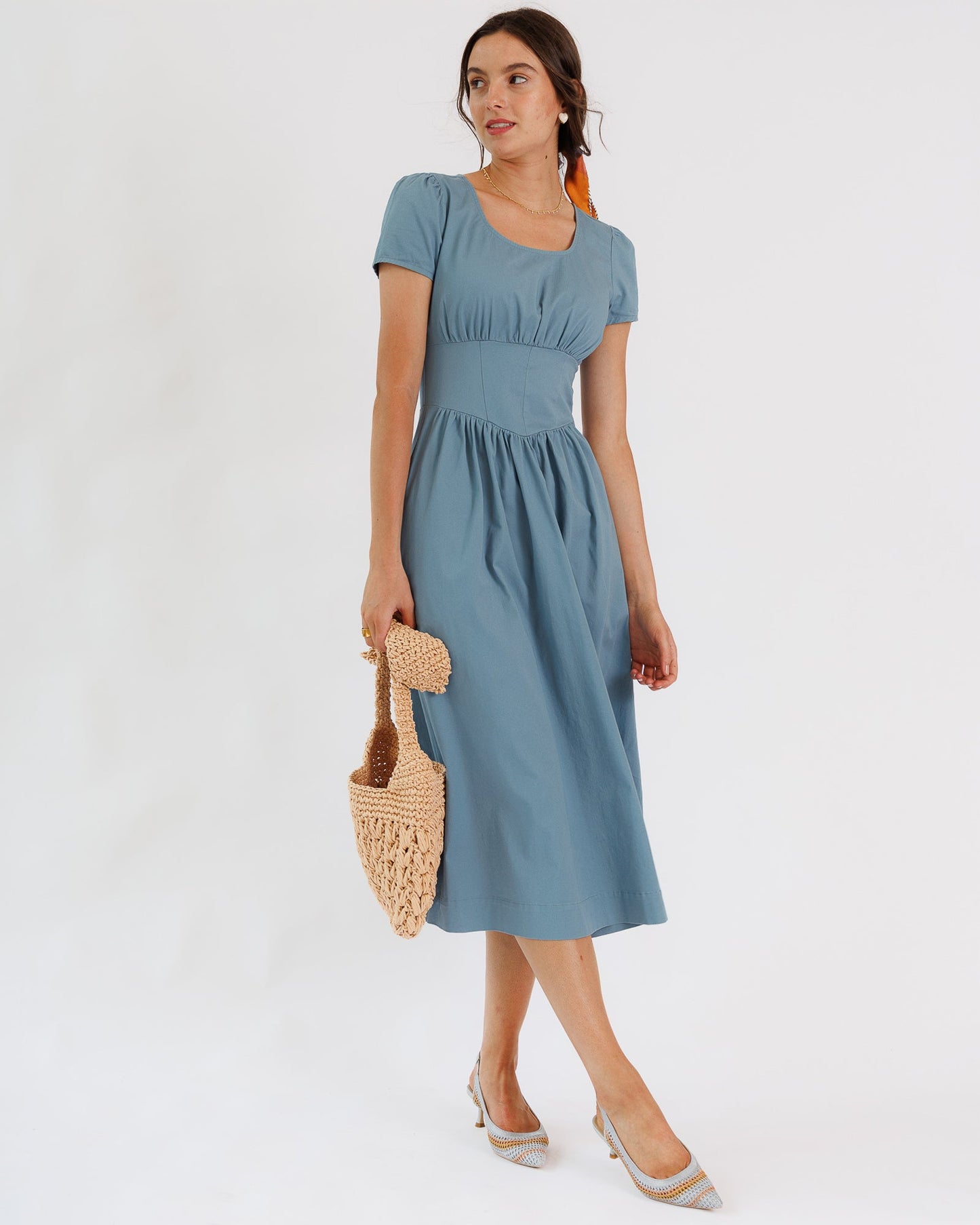 Lena Dress 100% Cotton Midi Length Square Neckline