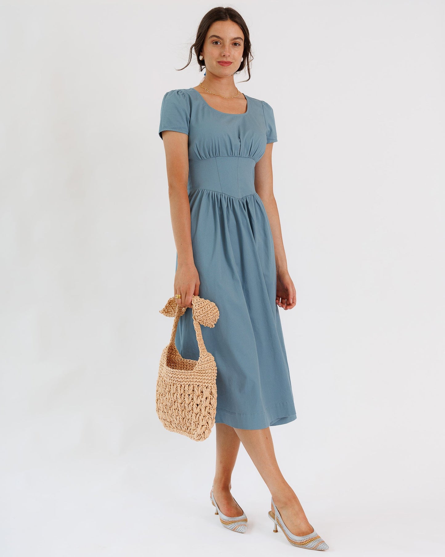Lena Dress 100% Cotton Midi Length Square Neckline