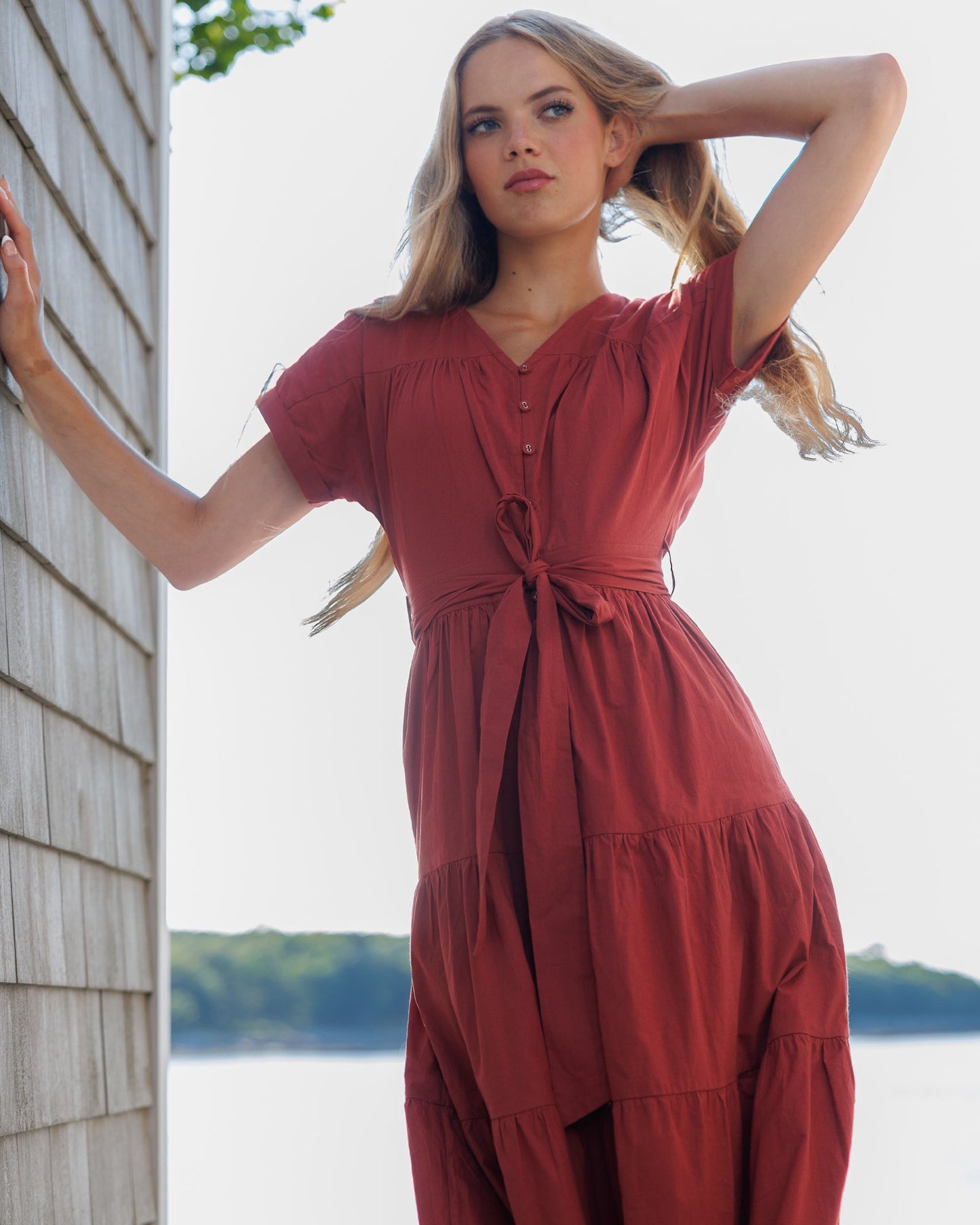 Downeast Dina Dress Maxi V-Neck A-Line Sash at Waist Button Down
