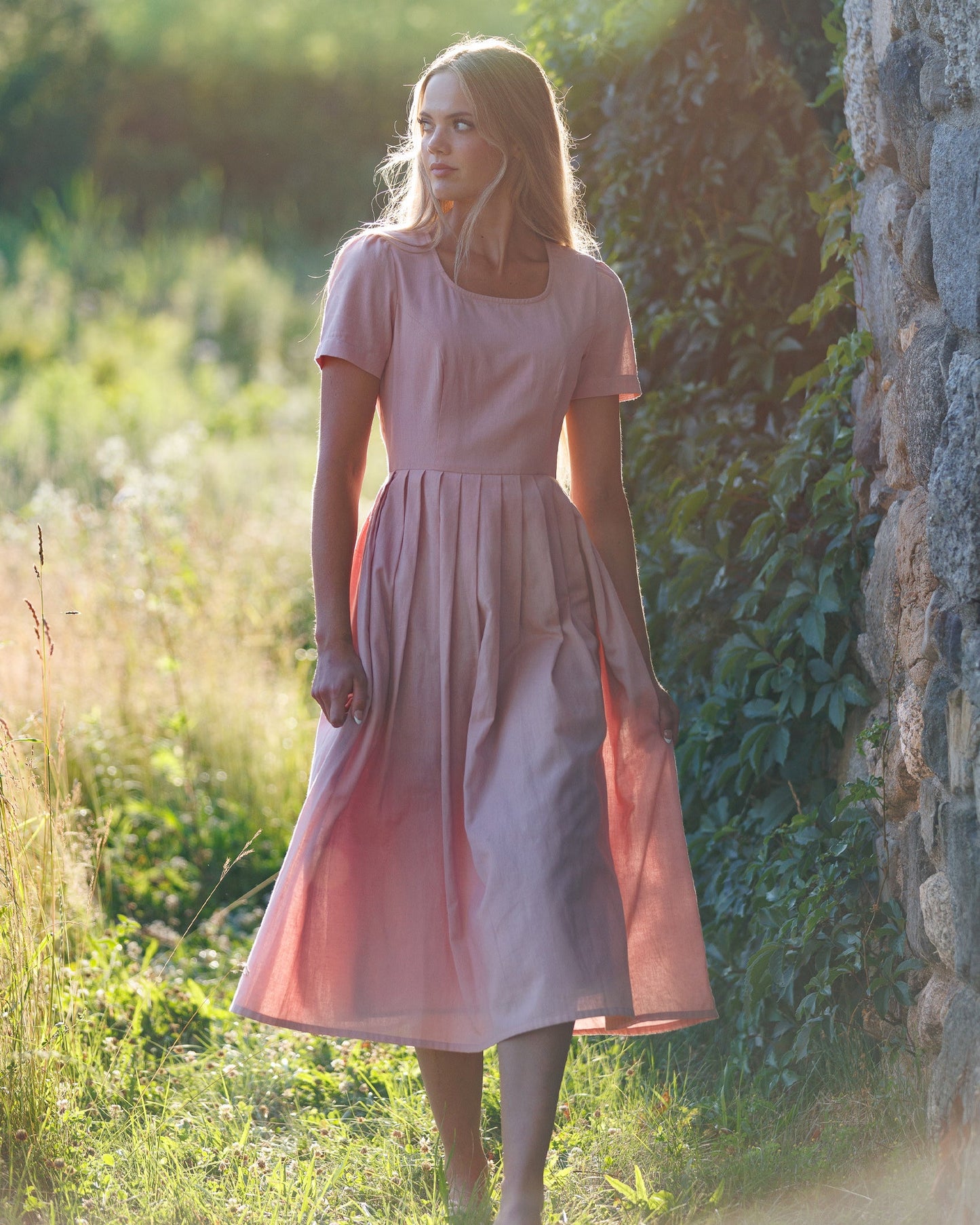 Downeast Polly Dress Cotton/Linen Blend Pockets Midi Length
