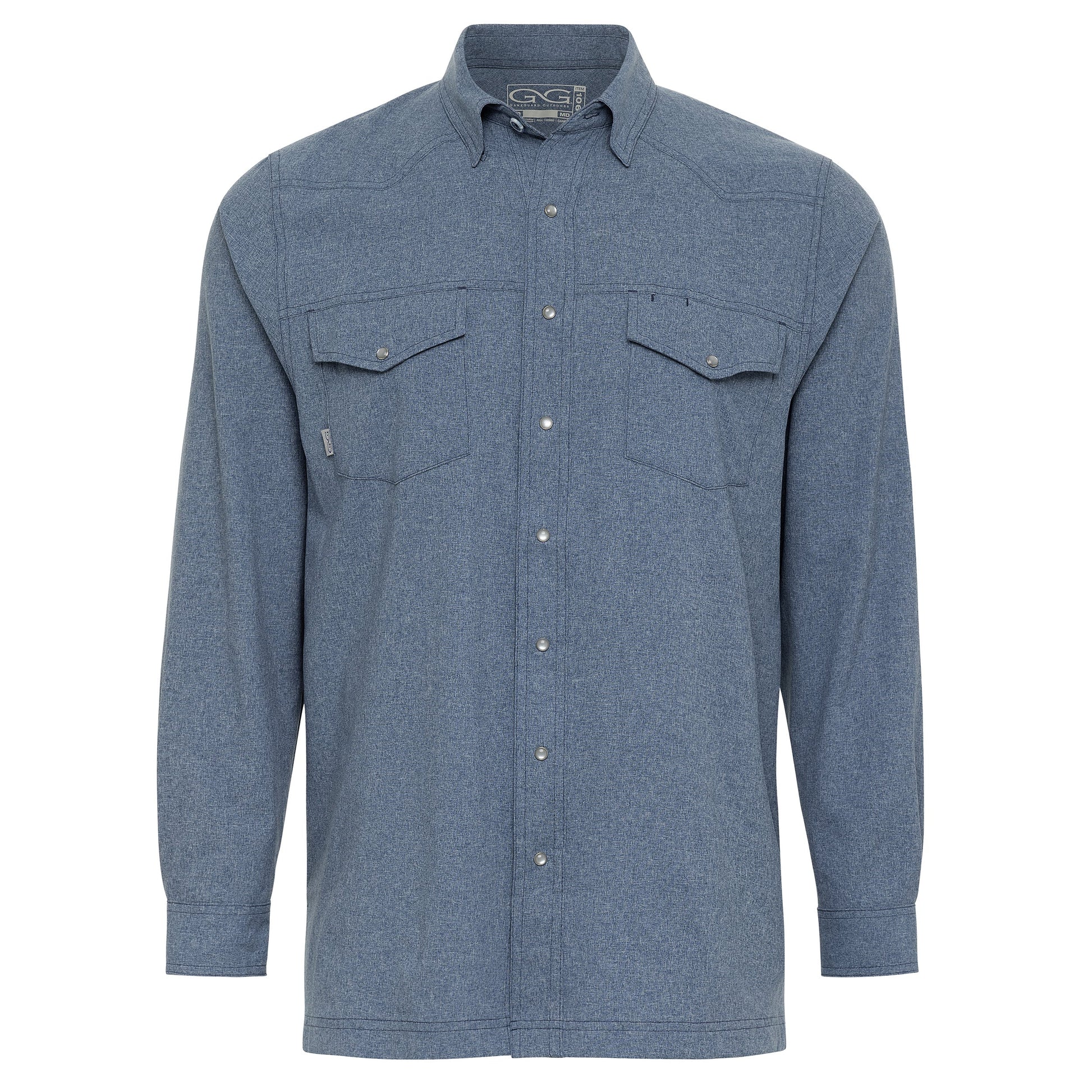 Blue flannel shirt with two front pockets on a white background