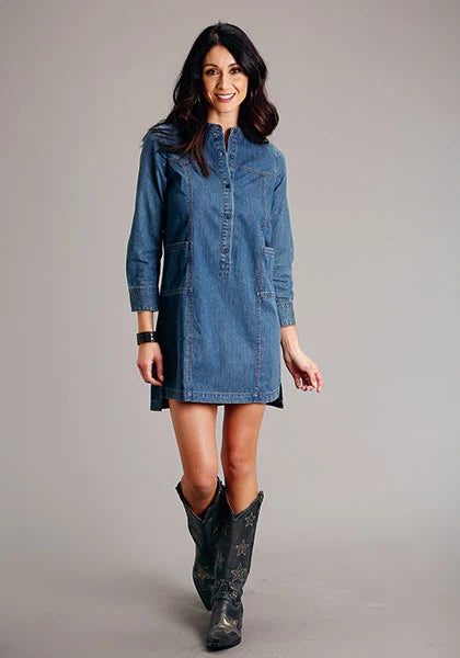 denim 3/4 sleeve dress Stetson Women's Med Blue Shirt Contemporary Boho-style Burgundy Flower Sleeveless Work Dress flowing drape Style #J36882D Color:Palm Royale Loden