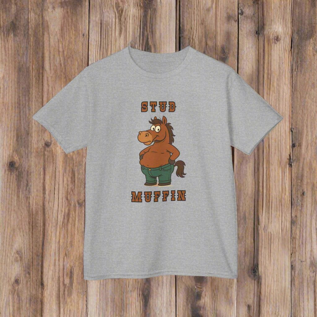 Gray t-shirt with a cartoon horse graphic and text on a white background