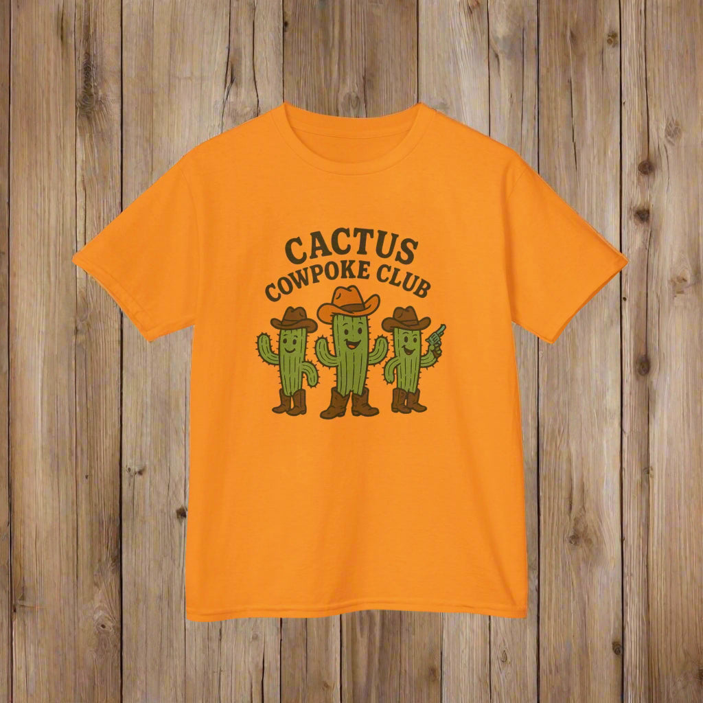 Orange t-shirt with 'Cactus Cowpoke Club' graphic on a white background