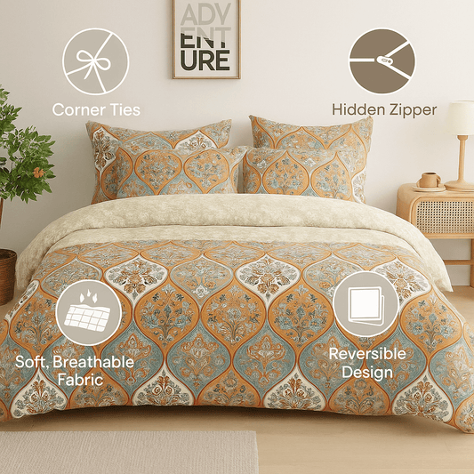 Floral Paisley Garden Motif - Bohemian Style Reversible Duvet Set