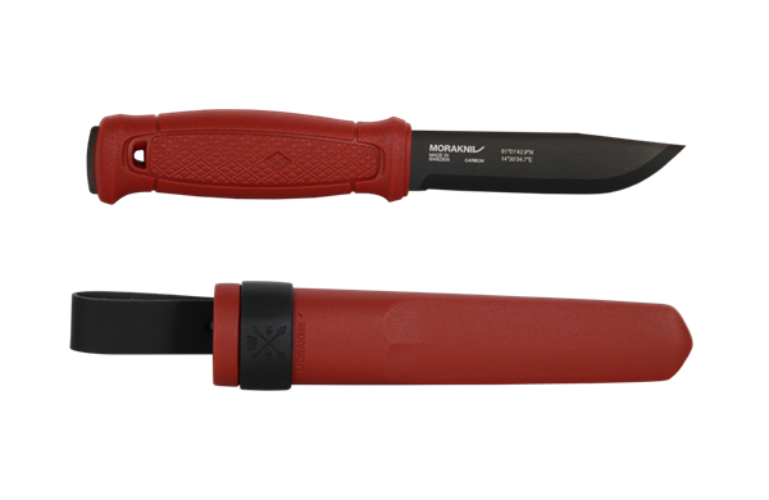 Red knife with black blade and sheath on a white background