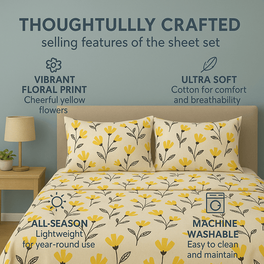 Yellow Fleur Golden Orange Floral Ivory Fitted & Flat Bed Sheets Set