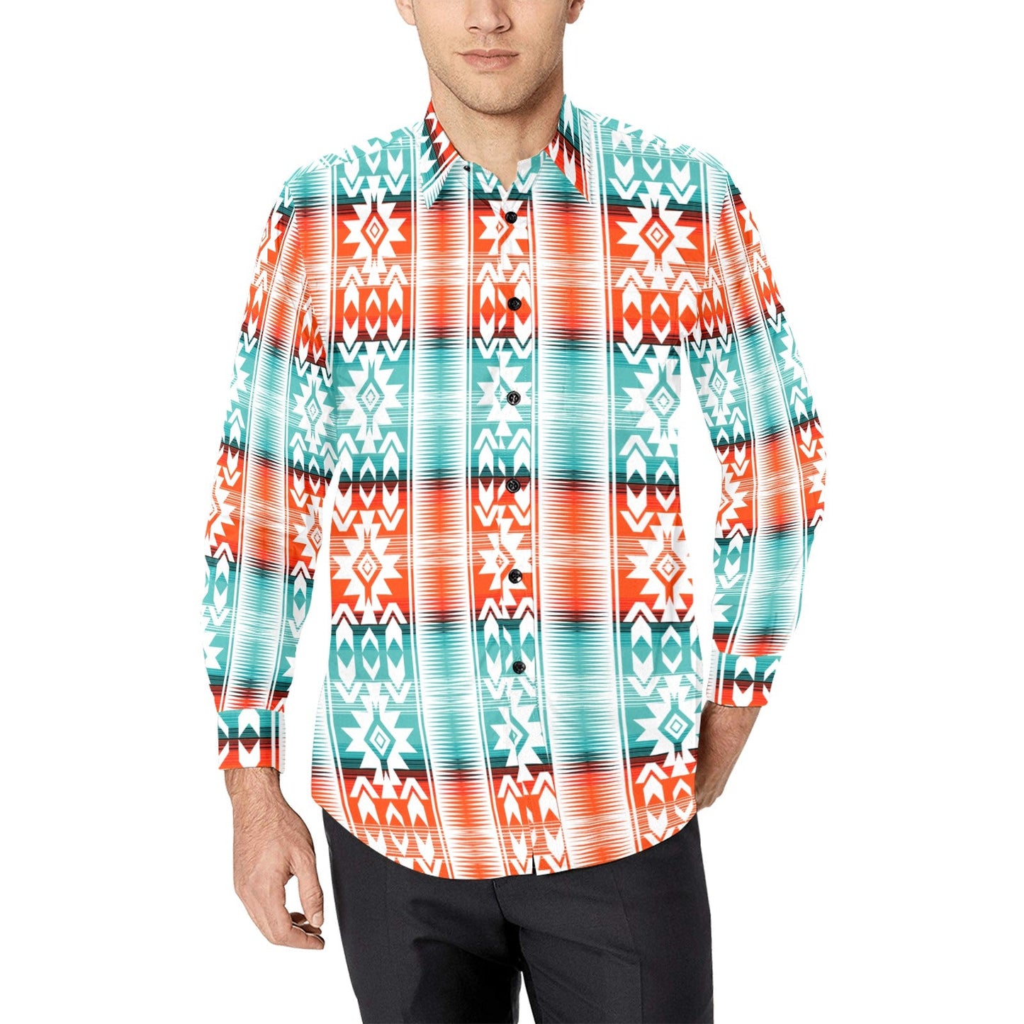 Baha Ranch Western Wear Turquoise Orange Aztec Unisex Western Button Up Shirt
