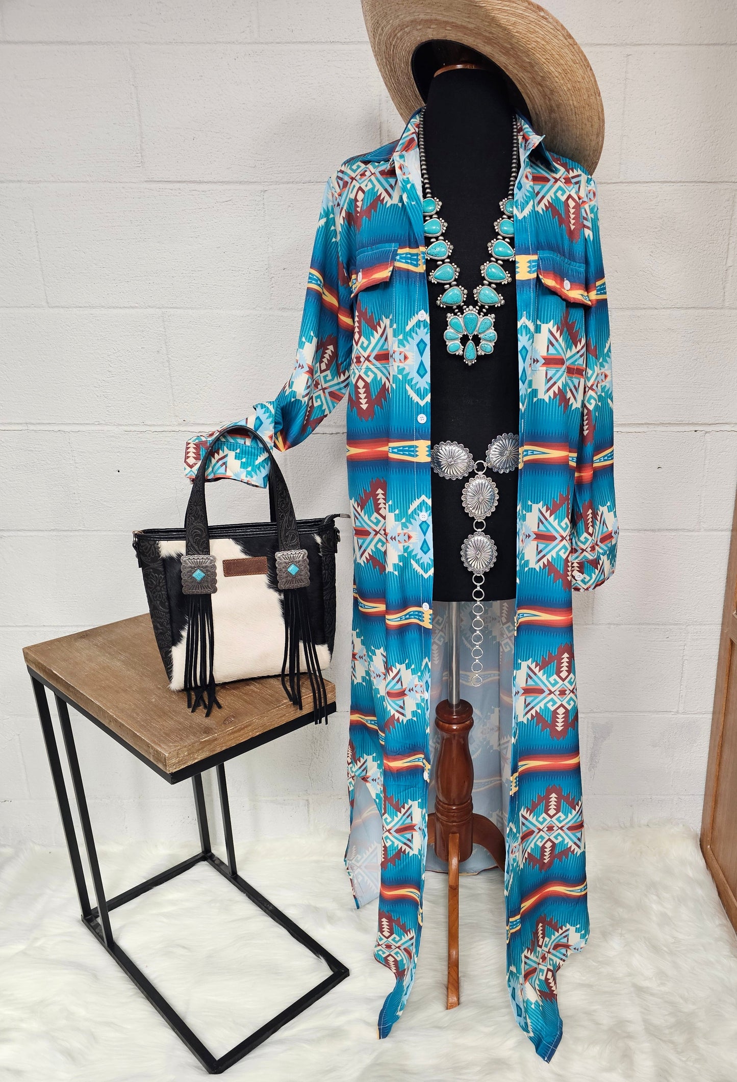 Baha Ranch Western Wear Teal Aztec Long Shirt Dress Duster