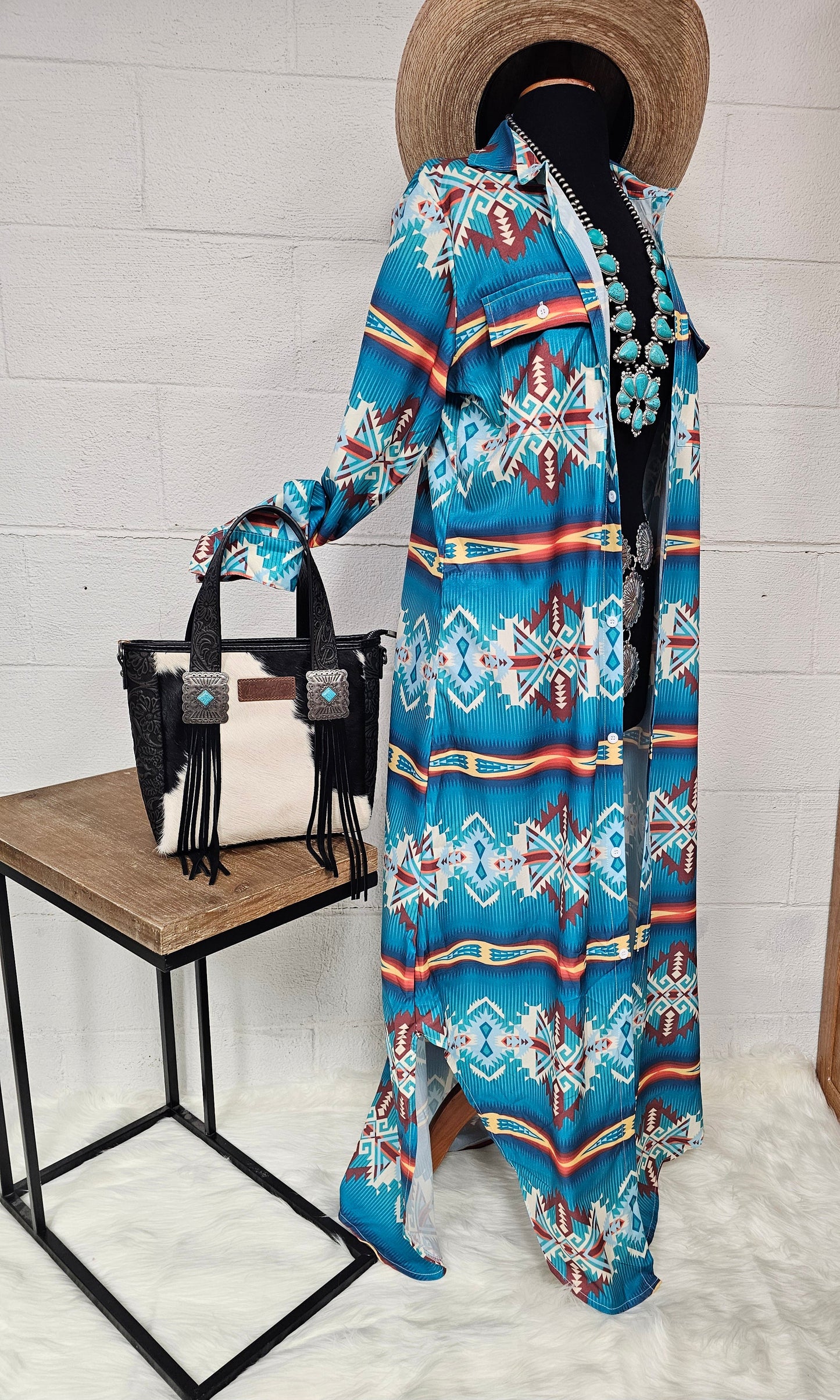 Baha Ranch Western Wear Teal Aztec Long Shirt Dress Duster