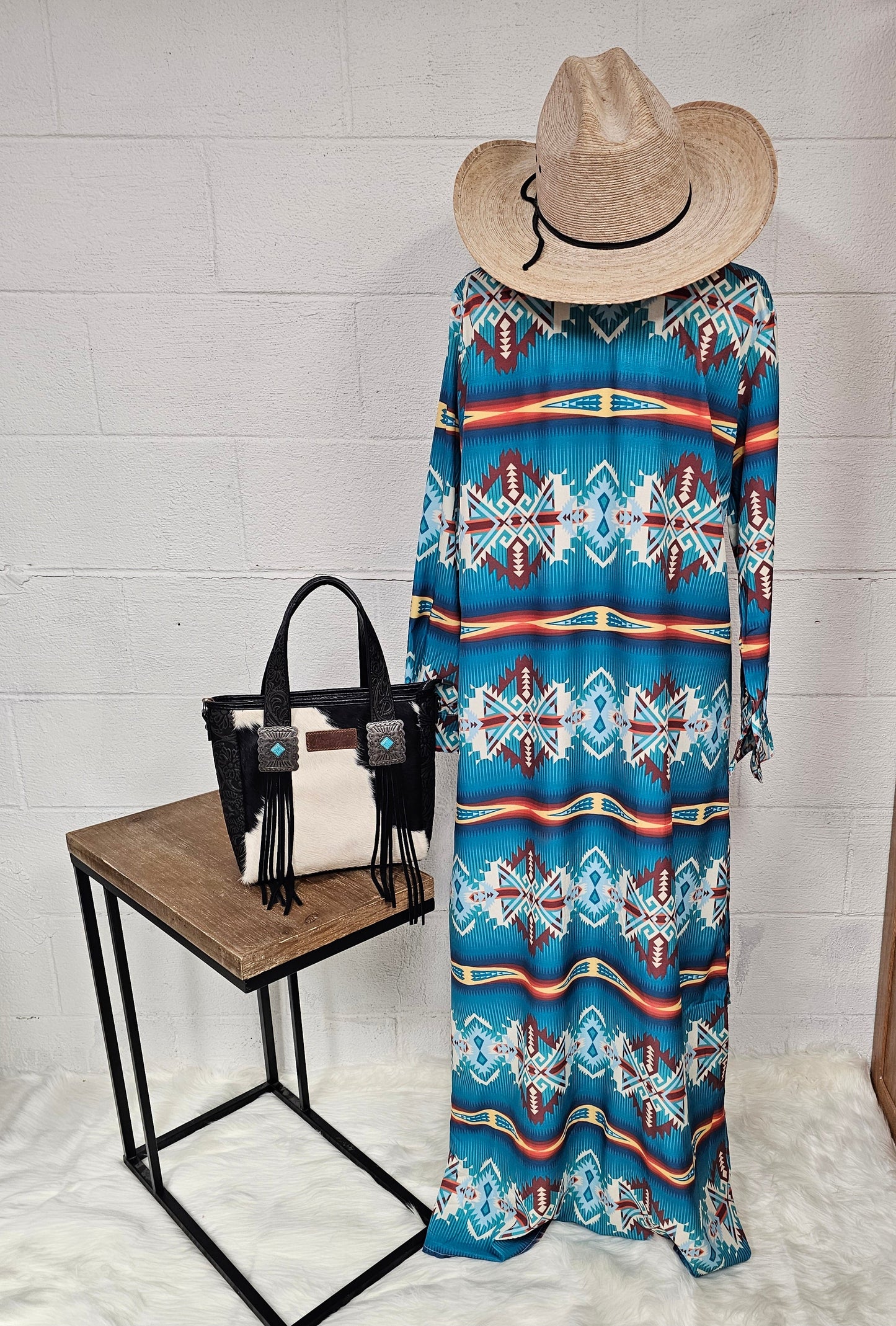 Baha Ranch Western Wear Teal Aztec Long Shirt Dress Duster