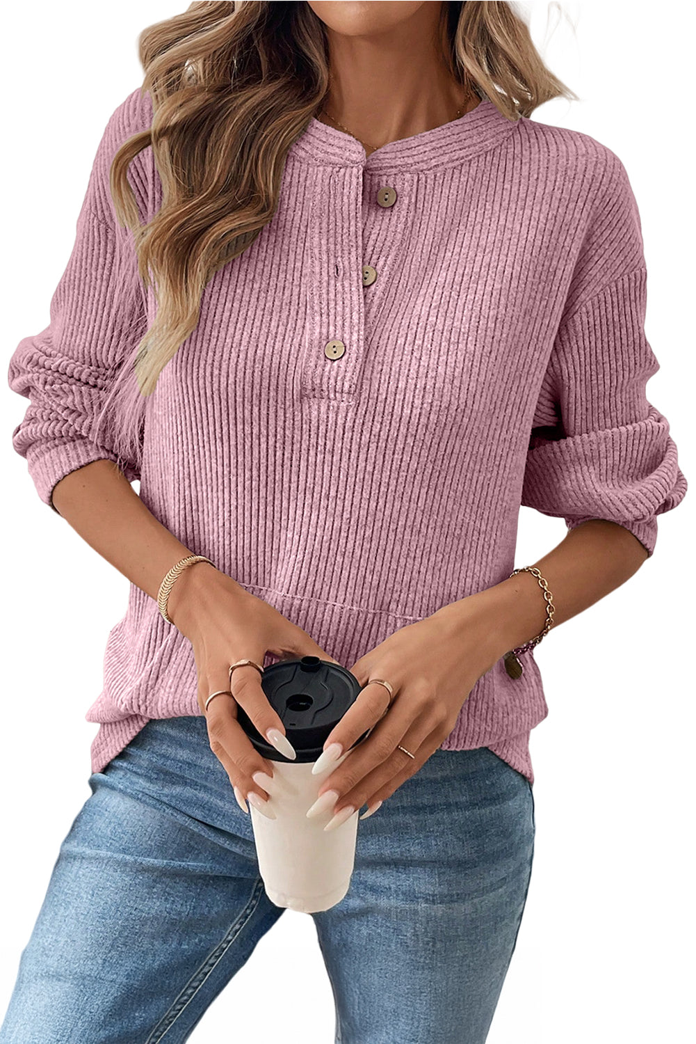 Pink Ribbed Drop Shoulder Henley Knit Top