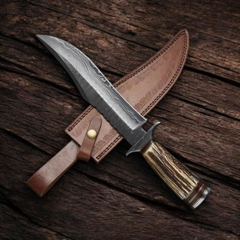 Handmade Damascus Bowie Knife with Antler Horn Handle