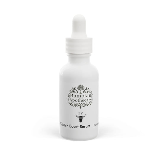 White serum bottle with dropper labeled 'Bumpkin Apothecary' on a white background