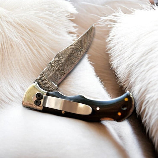 Handmade Damascus Pocket Clip Knife – Buffalo Horn Handle
