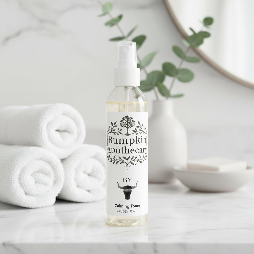 Bumpkin Apothecary toner bottle on a marble surface with white towels and greenery in the background