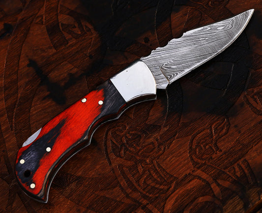 Red Bluff handmade Damascus folding pocket knife with red and black antler and camel bone handle – view 2