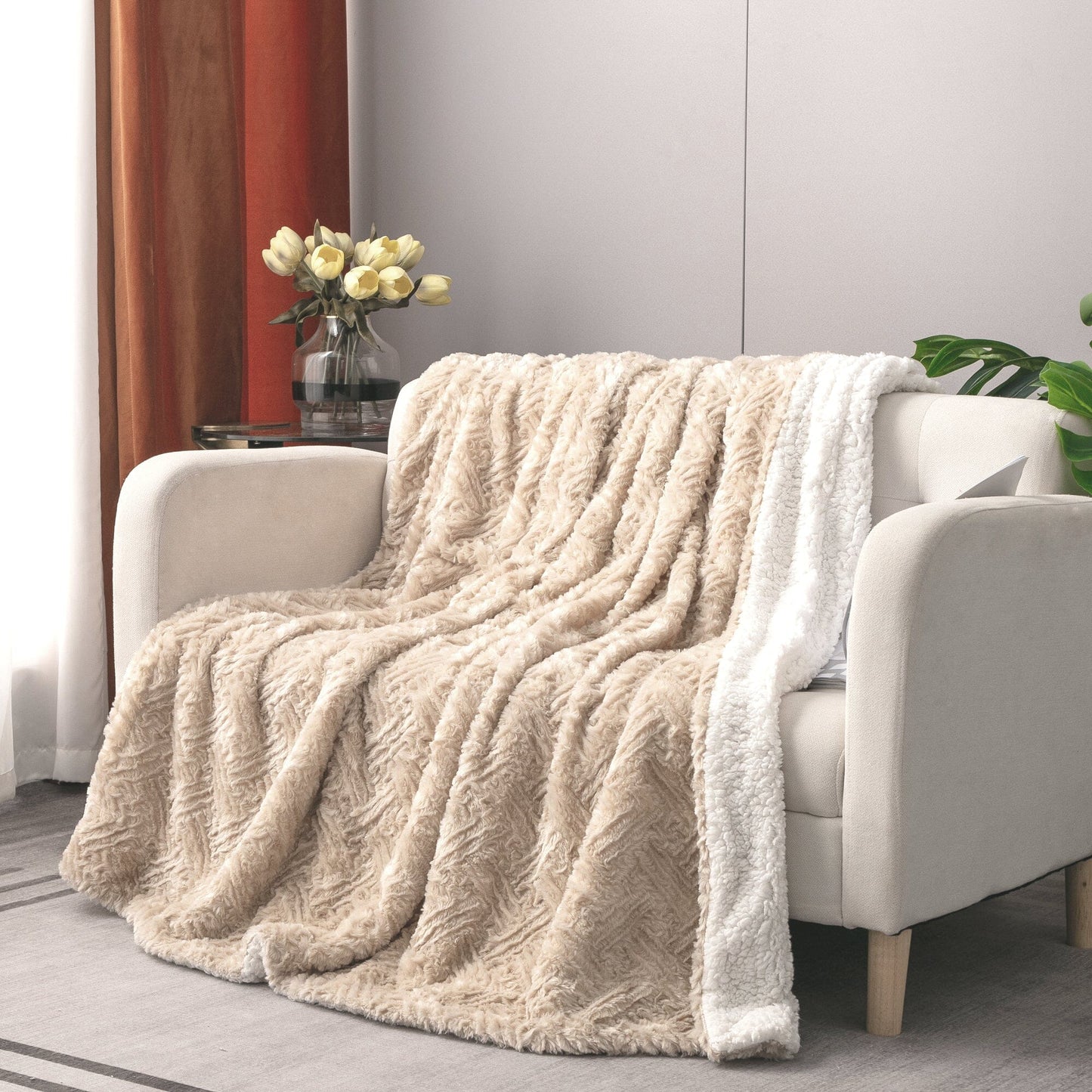 Champagne Ivory Faux Fur Throw Blanket - Dreamy Gold Geometric Embossed Sherpa Backside - Super Soft Warm Cozy Plush Fluffy