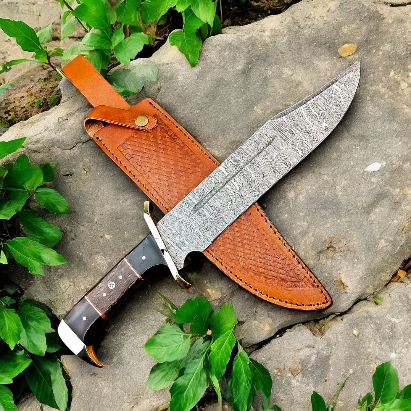 Handmade Damascus Steel Bowie Knife - 16" Rosewood & Buffalo Horn