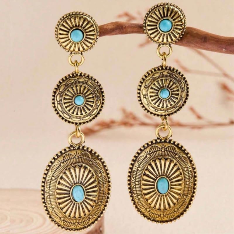 Vintage Gold Concho Turquoise Earrings