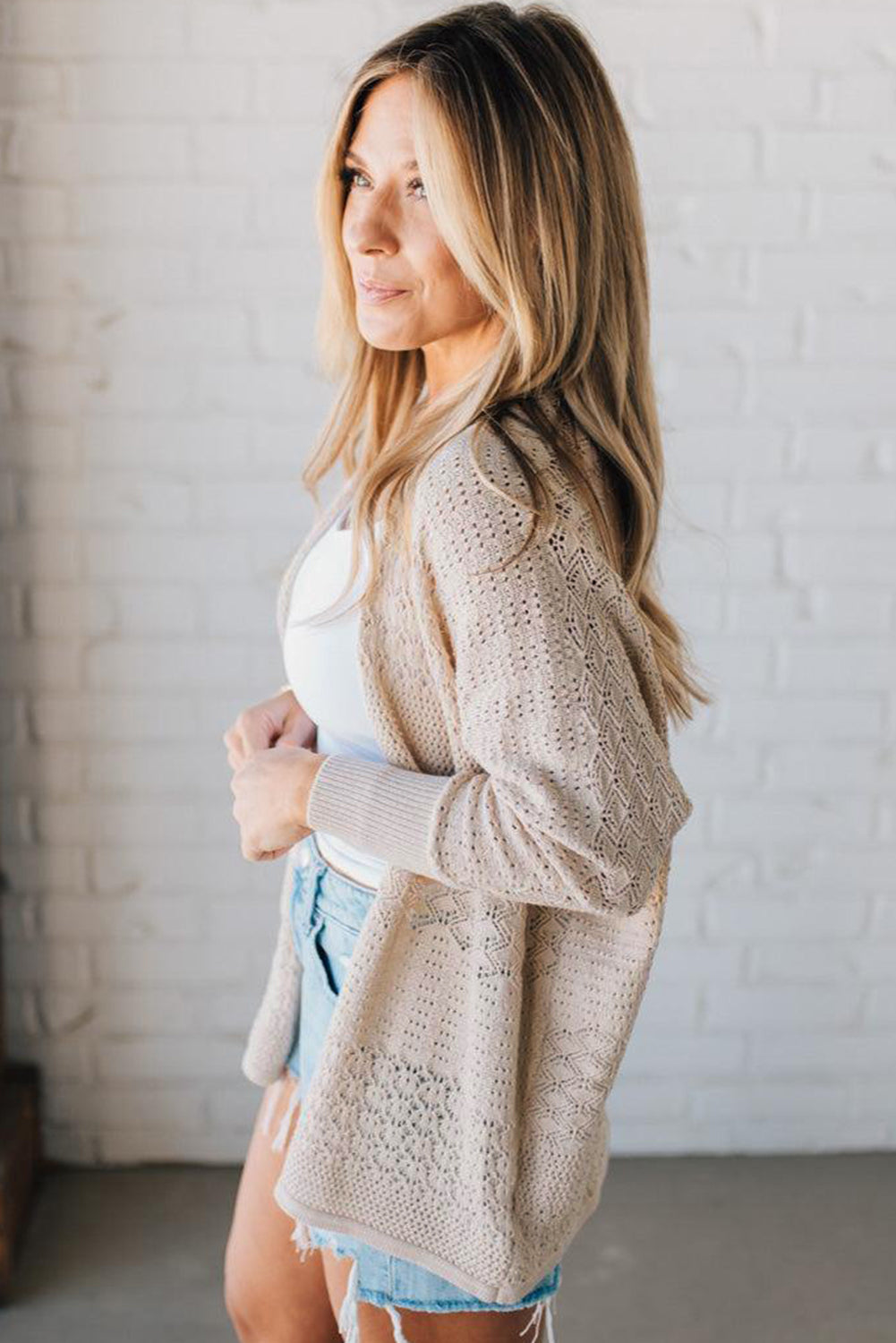 Khaki Mix Pattern Hollow Knit Open Front Cardigan