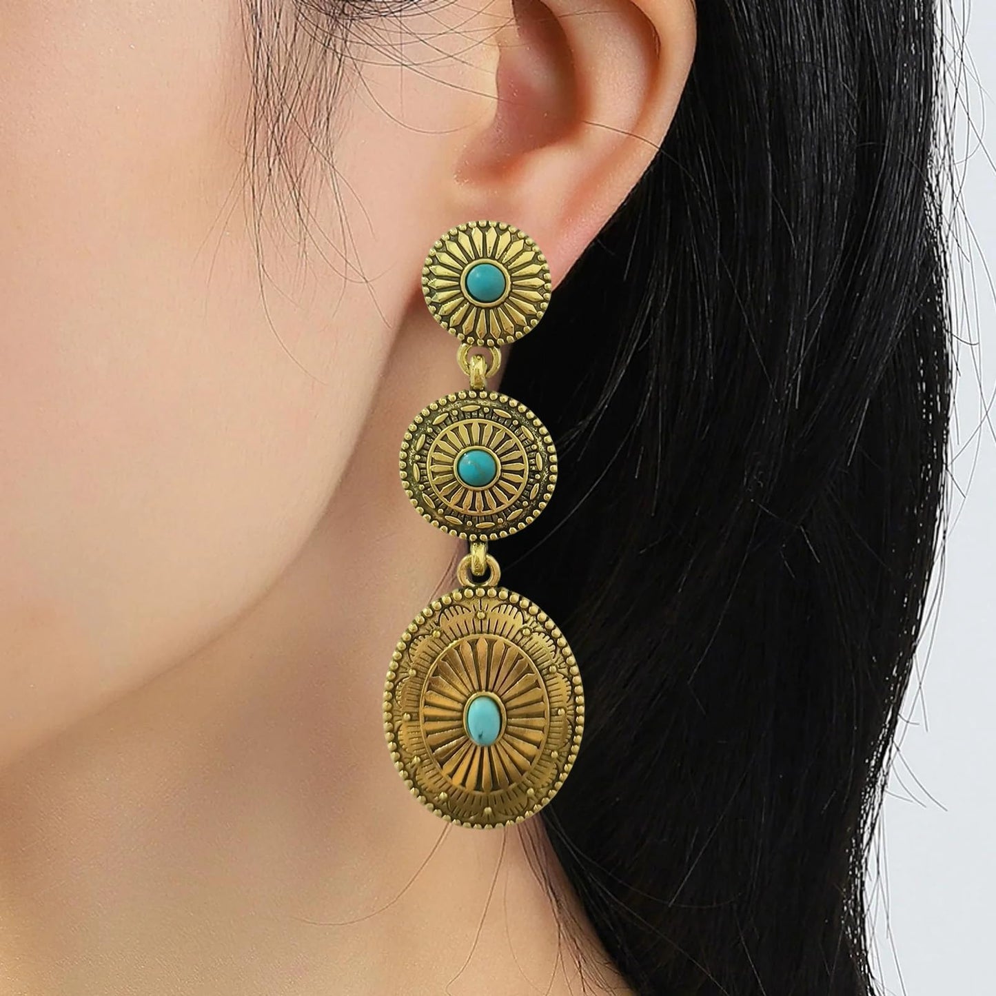 Vintage Gold Concho Turquoise Earrings