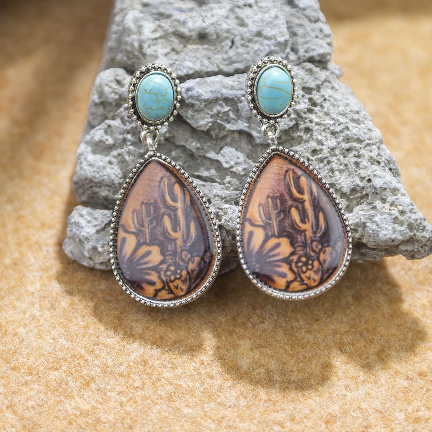 Silver Waterdrop Turquoise and Leather Earrings