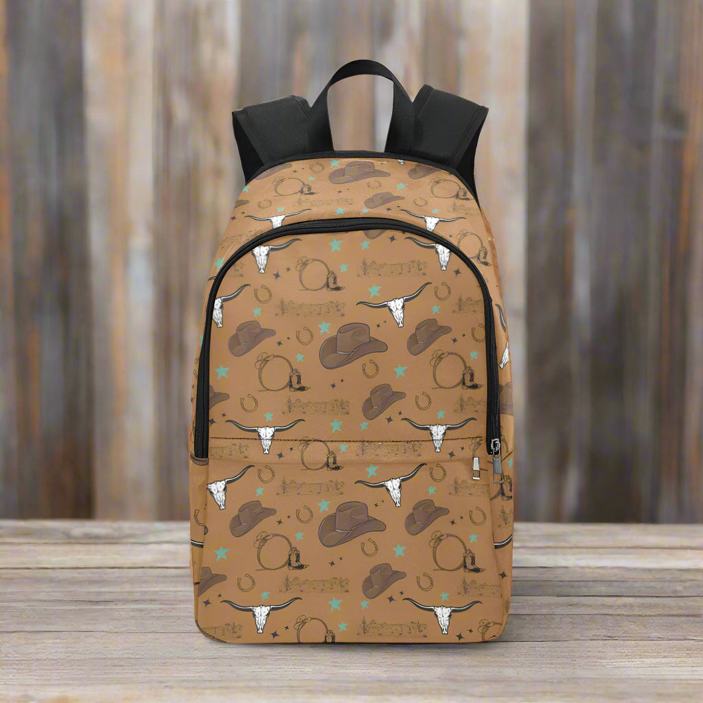 Backpack with cowboy hat and longhorn bull pattern on a beige background