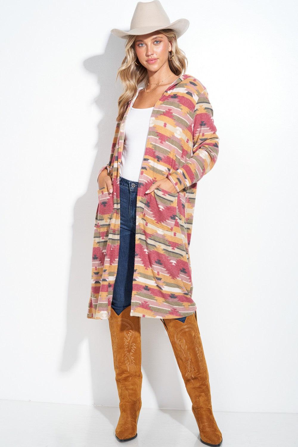 Aztec Hooded Long Cardigan