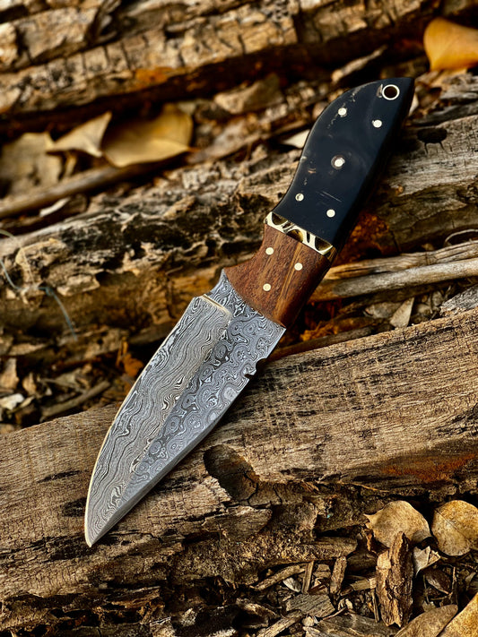 Bison Creek handmade Damascus skinning knife with buffalo horn and rosewood handle – view 2