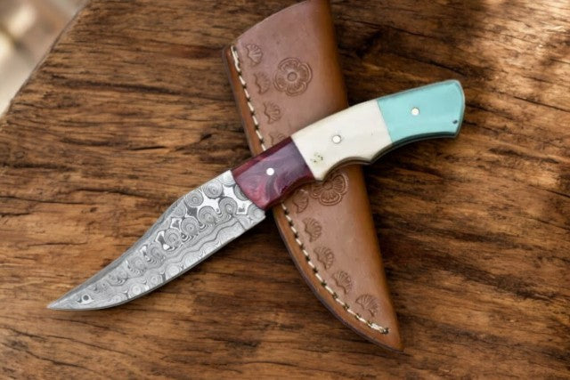 Handmade Damascus Skinner Knife with Bone & Resin Handle