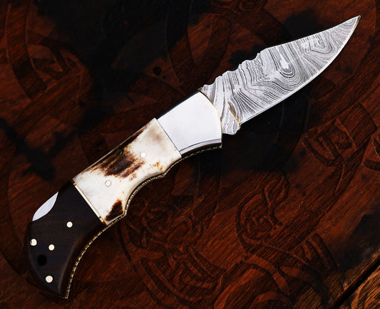 Blue Norther handmade Damascus folding pocket knife with blue antler and camel bone handle – view 2