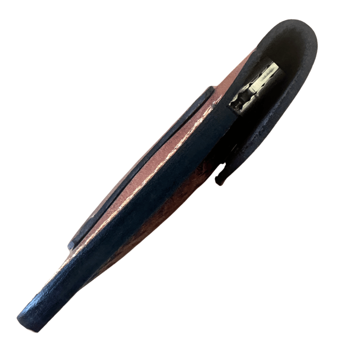 A brown leather pouch knife sheath with a brown interior lining and a silver metal clip, shown on a plain white background.