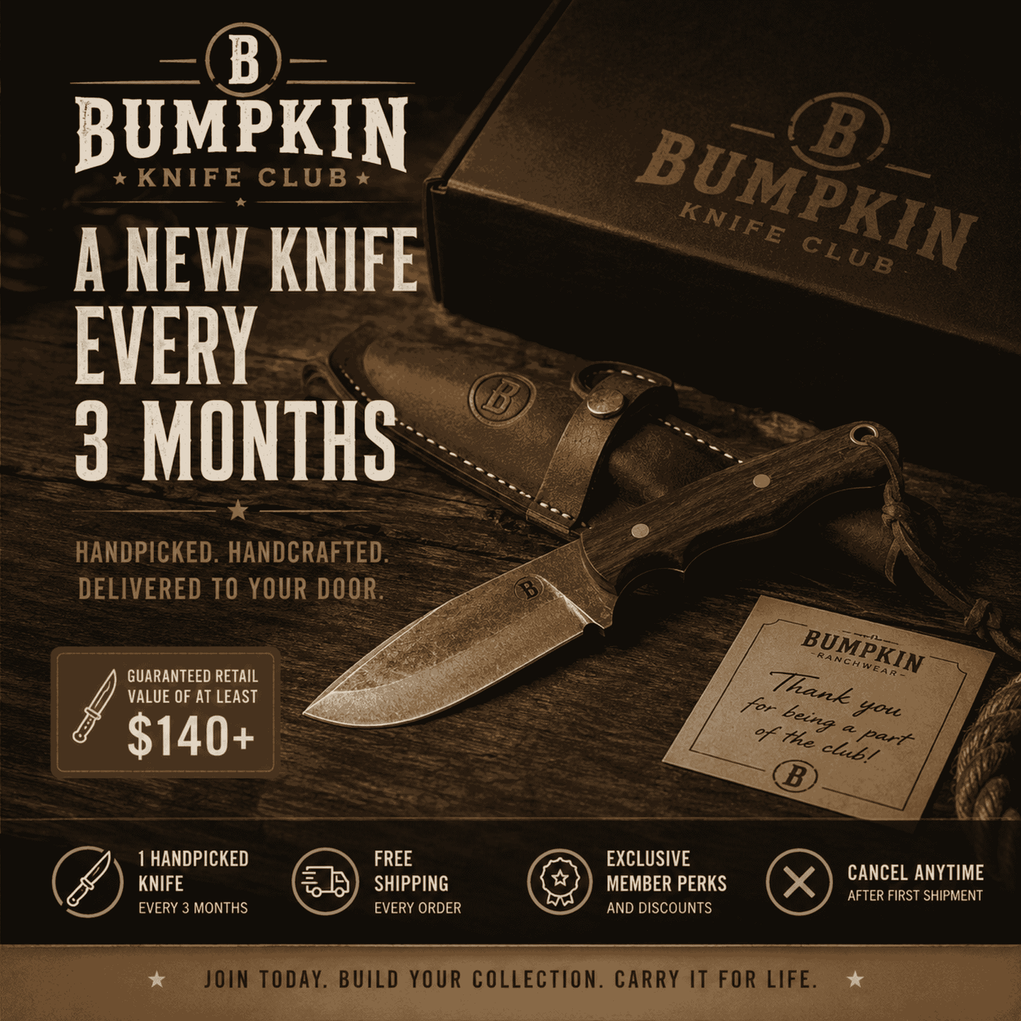 Advertisement for Bumpkin Knife Club with a knife and packaging on a dark background