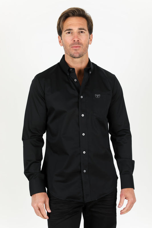 Single Pocket Logo Modern Fit Stretch Dress Shirt - Black
