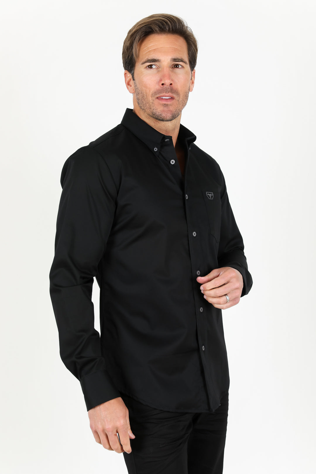 Single Pocket Logo Modern Fit Stretch Dress Shirt - Black
