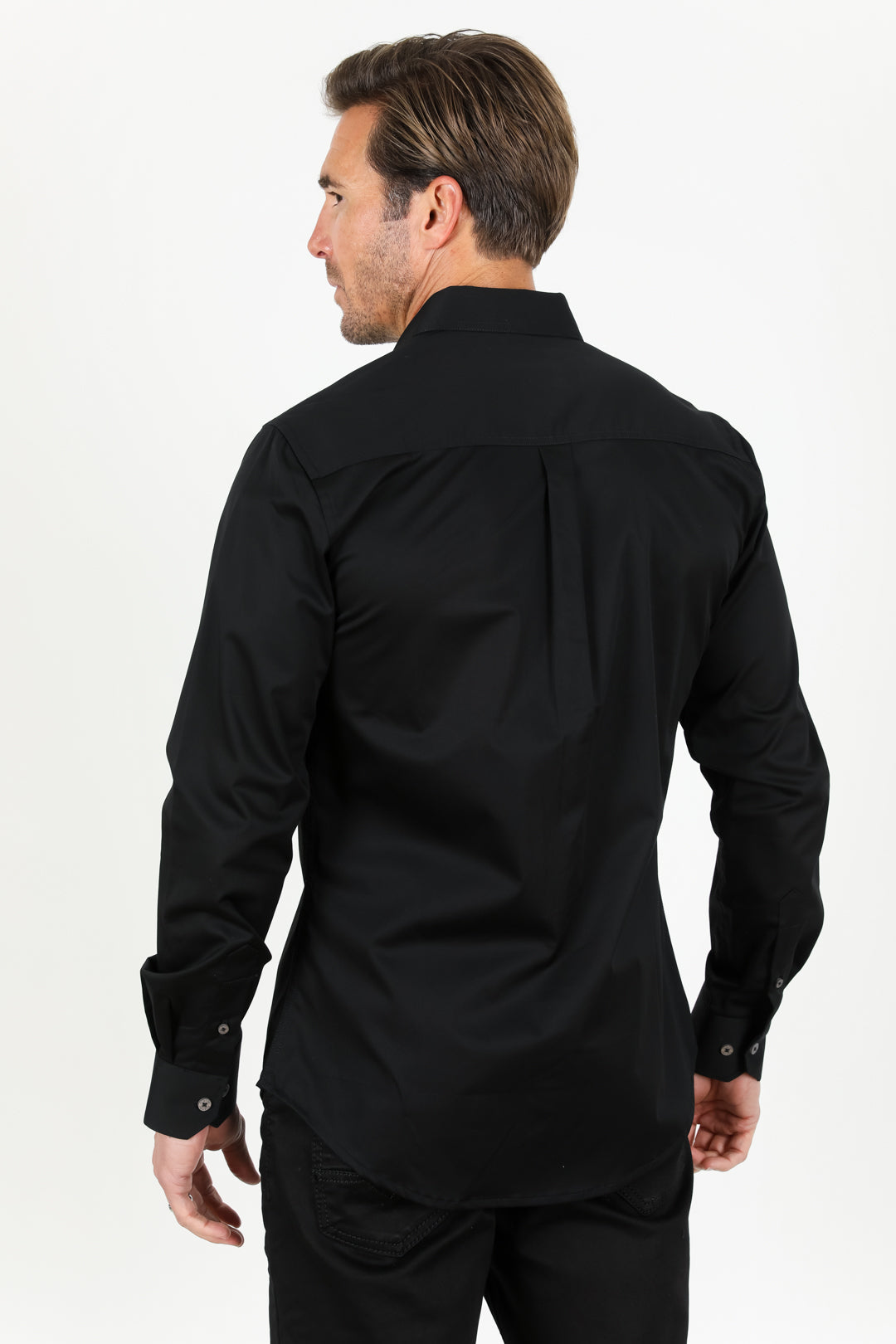Single Pocket Logo Modern Fit Stretch Dress Shirt - Black