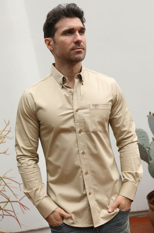 Single Pocket Logo Modern Fit Stretch Dress Shirt - Beige