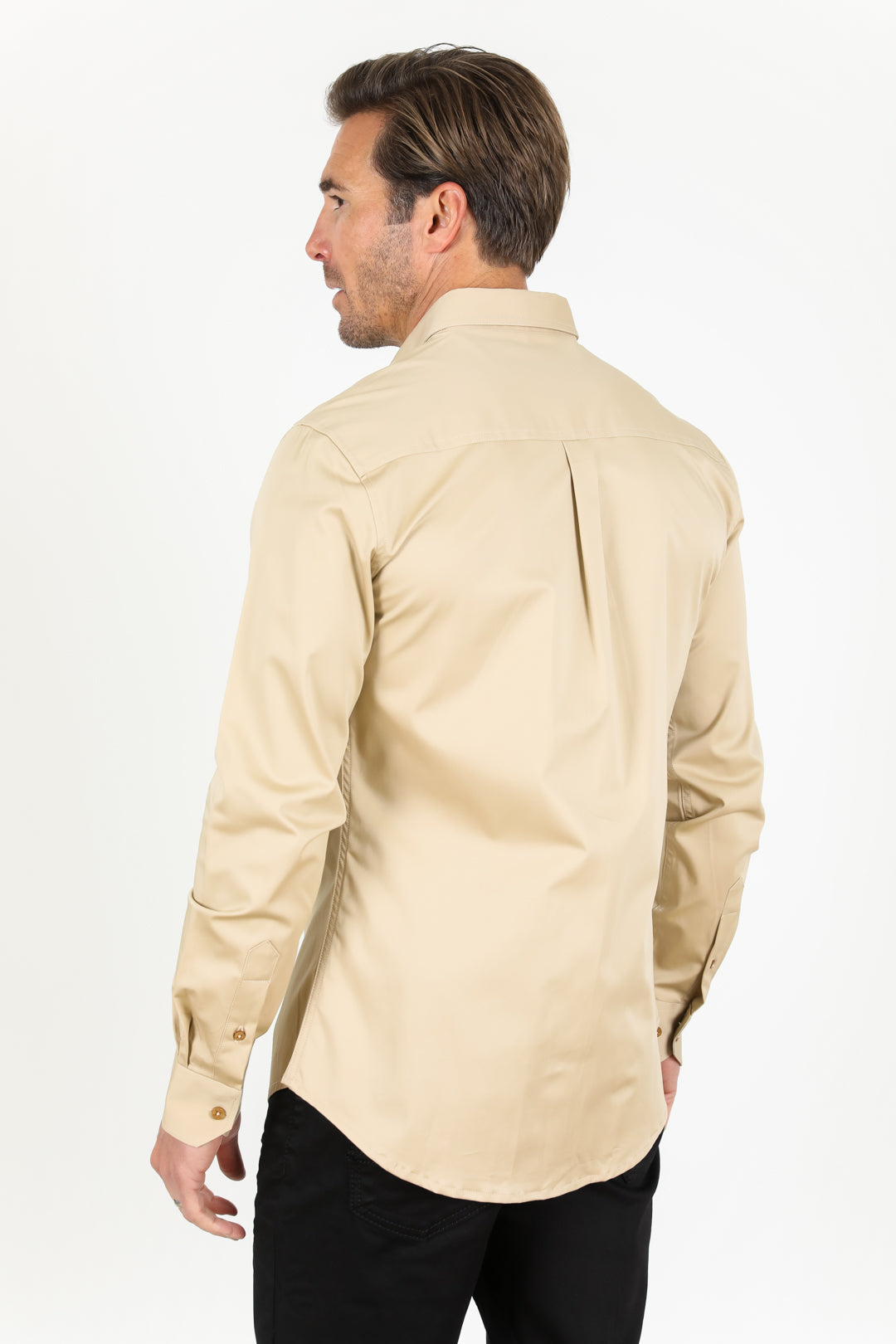 Single Pocket Logo Modern Fit Stretch Dress Shirt - Beige