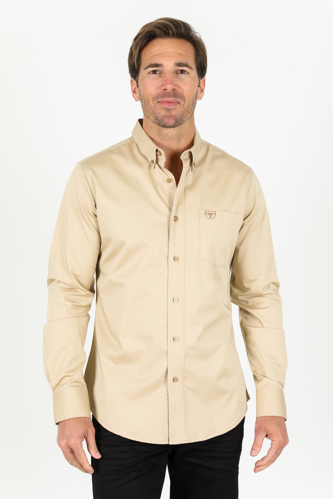 Single Pocket Logo Modern Fit Stretch Dress Shirt - Beige