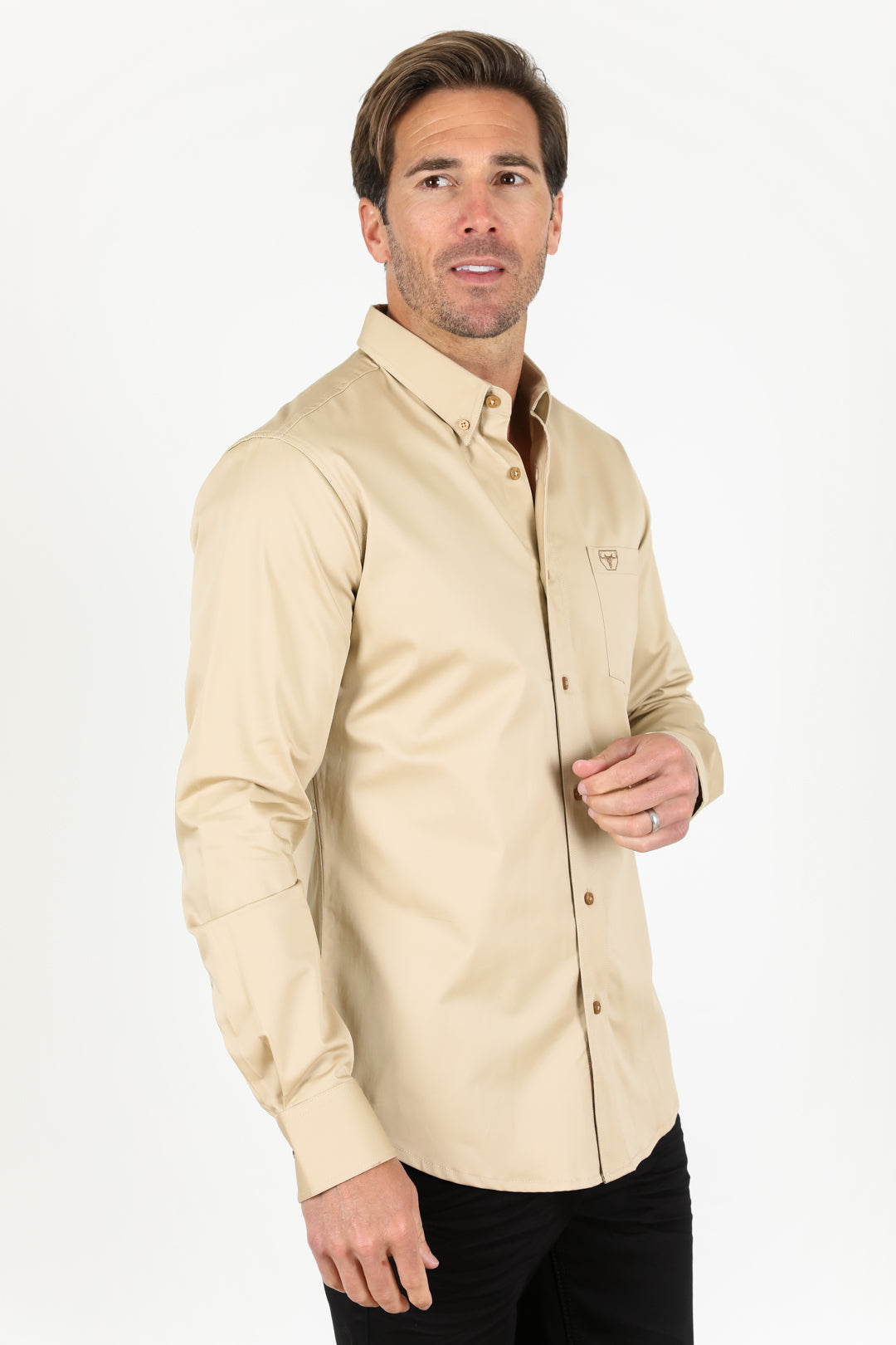 Single Pocket Logo Modern Fit Stretch Dress Shirt - Beige