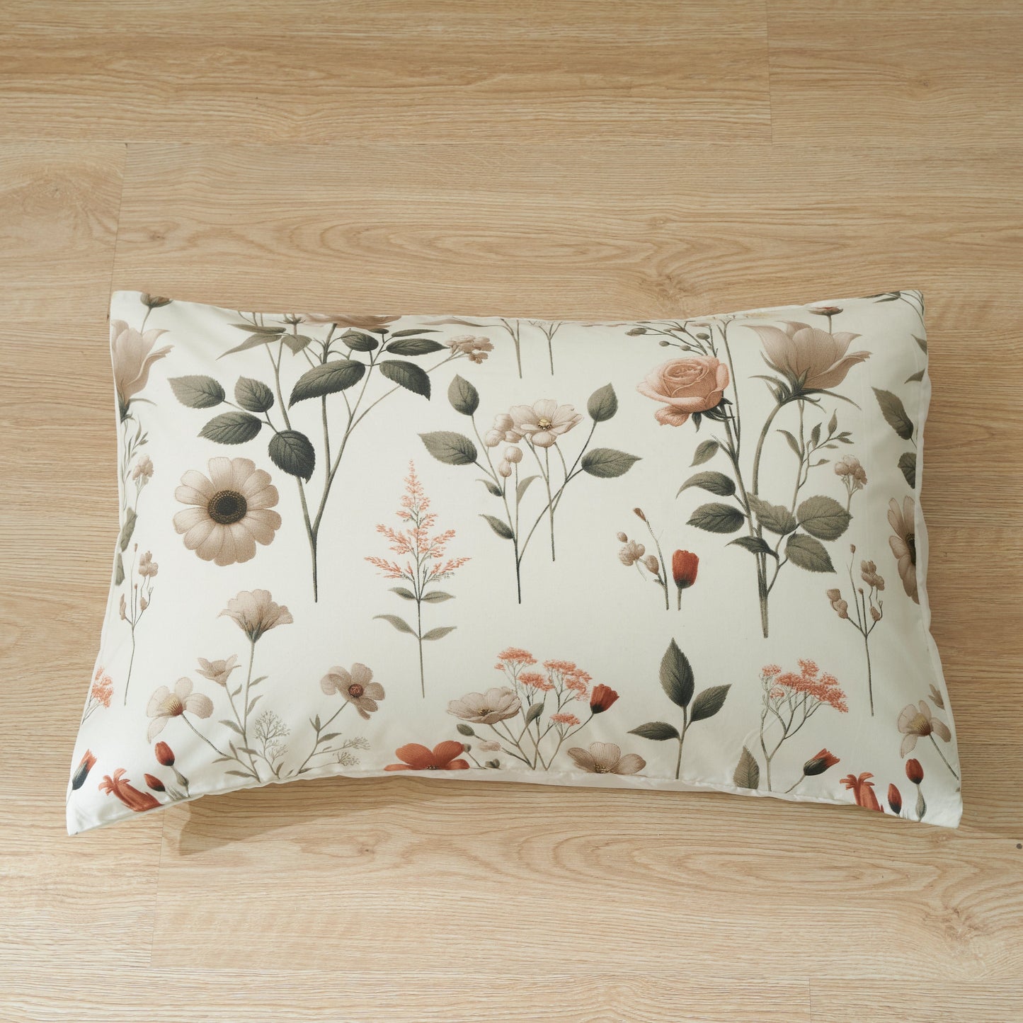 Enchanted Meadow Bed Sheet Set - Floral Harmony in Beige, Rose, and Soft Green